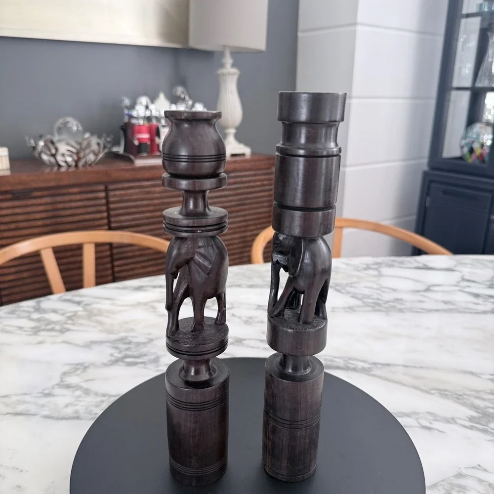 Wood Candlesticks‎ with Elephant, Set of two